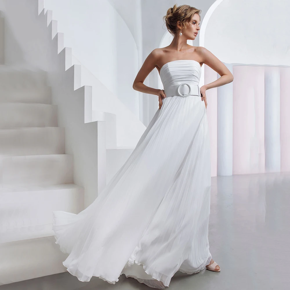 

Vintage Strapless A Line Bridal Dresses White Ivory Zipper Back With Sashes Floor Length Brush Train Wedding Gowns 2021 New