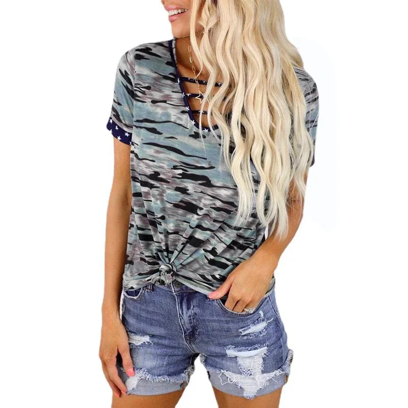 

2021 Women Summer New Printed V-neck Shirt Short-sleeved V-neck Tie-band Loose Top T-shirt