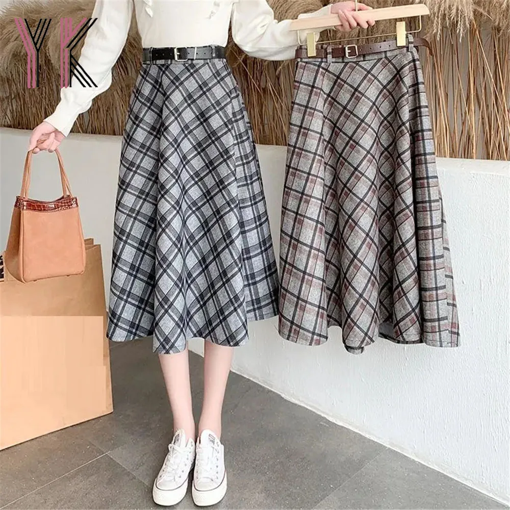 

Big Swing Vintage Plaid Wool Blend Belt Midi Pleated Skirt Elegant Aesthetic Korean Fashion Sukienka Fall Winter High Waist Saia