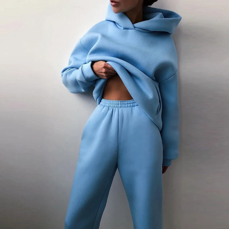 

Women New Elegant Solid Two Piece Sets Winter Long Sleeve Hooded Pullovers Top & Elastic Waist Pants Set Ladies Sweatshirt Suits