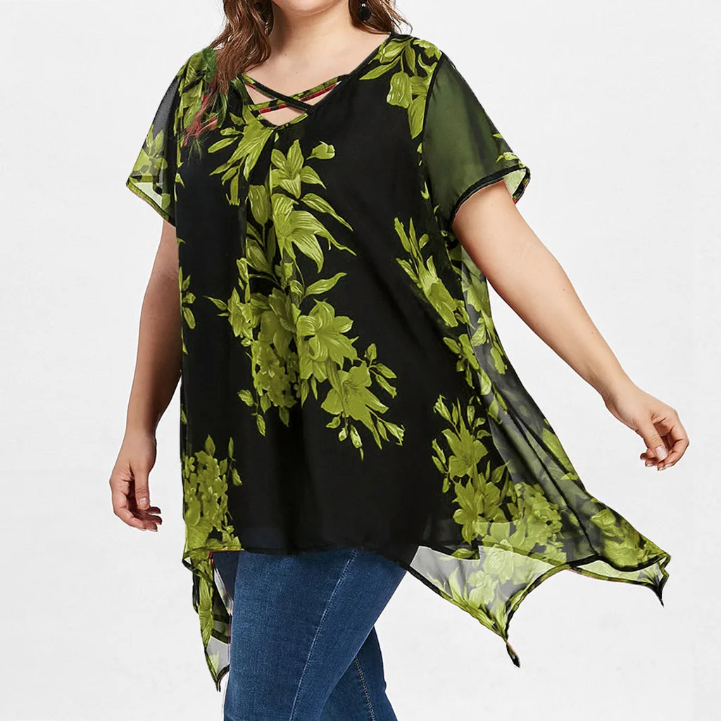 Double Chiffon Print Blouse Women Short Sleeve Loose Shirt Tops Plus Size Bluzka Damska Blouses Camisa Feminina | Женская одежда