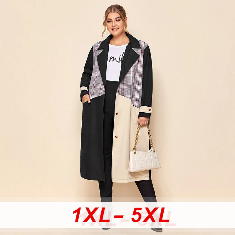 

2020 Autumn Trench Coat Splicing Printed Windbreaker Women Long Sleeve Hit Colors Double Breasted Vintage Plus Size Clothing