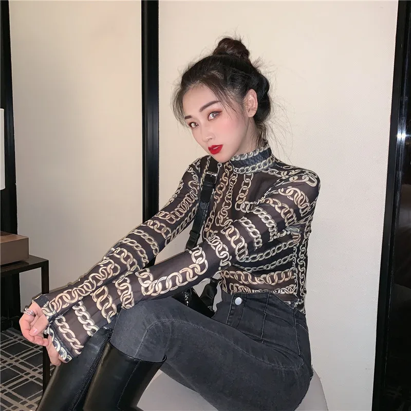 

hot Korean Slim mesh tees flare sleeve turtleneck womens T-shirt Tops perspective tops laides t-shirts basic camisa feminina INS