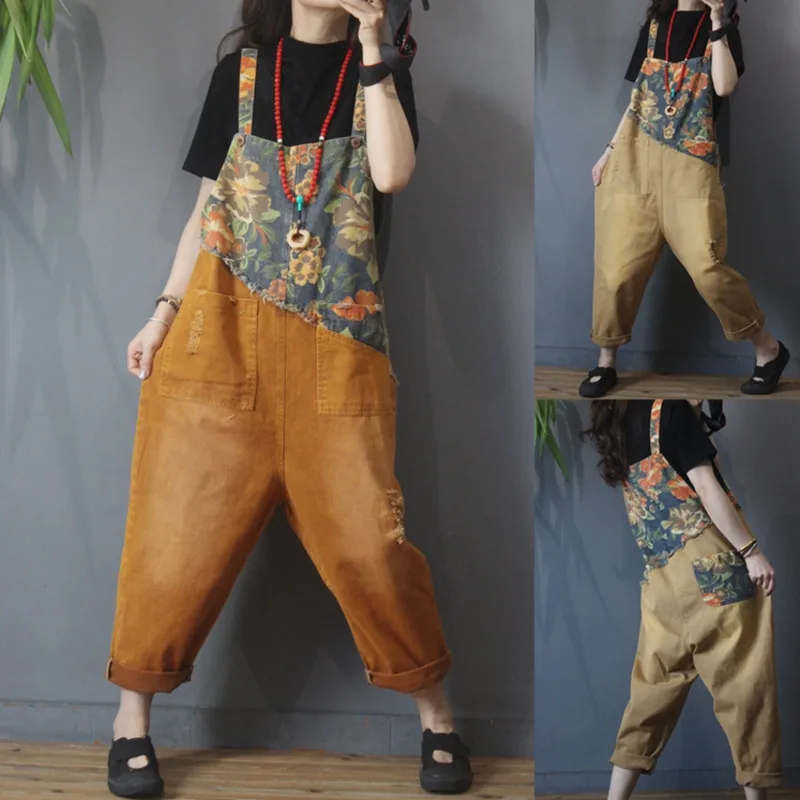 Джинсовые комбинезоны контрастных цветов Женские Мешковатые большого размера с
