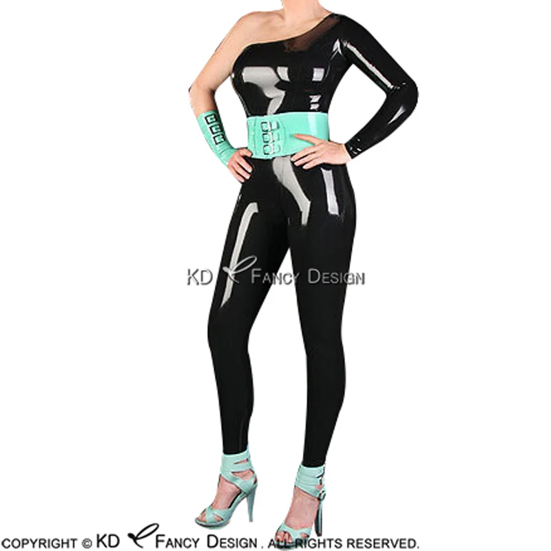 Черный сексуальный комбинезон из латекса с одним рукавом без застежки молнии и