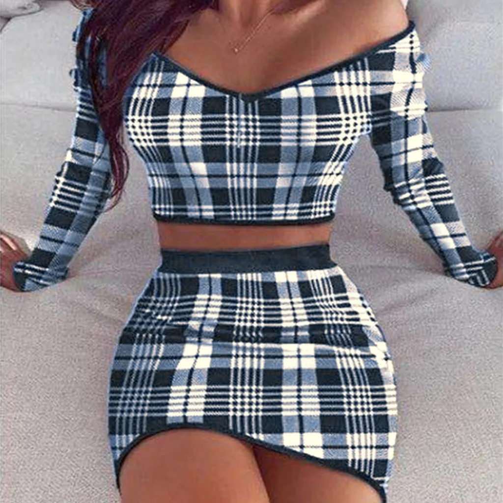 JAYCOSIN Women Plaid Printed Sexy Two Piece Set One Shoulder Long Sleeve Crop Top Skirt Matching Sets Club Outfits Spring 2020 |