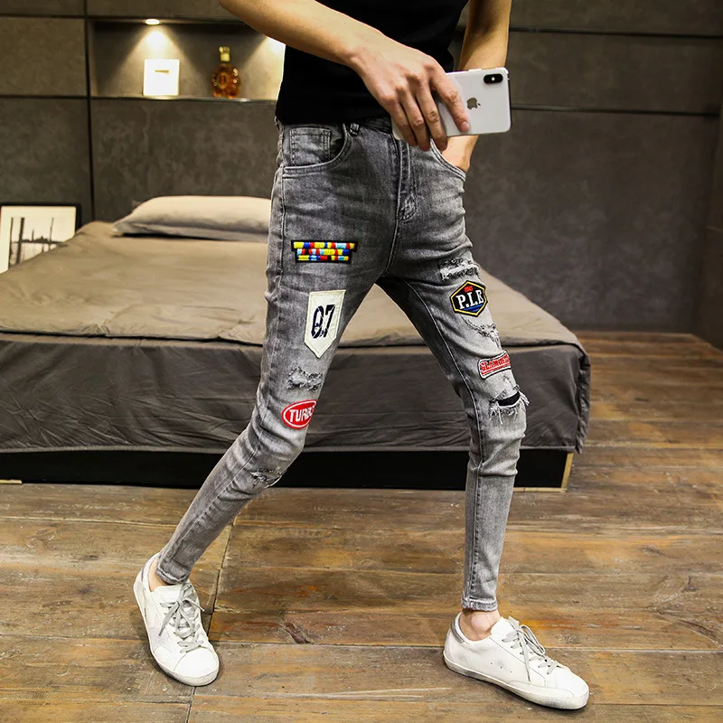 

Spring 2021 New Products Men's High Craft Embroidered Patch Jeans Korean Slim Pants Trendy teenager Pencil Pants