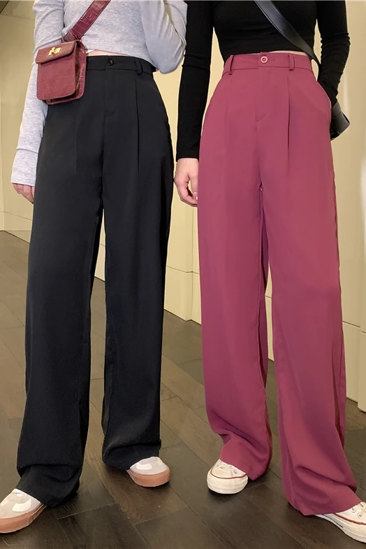 

Korean Spring Women Casual Loose Wide Leg Pants Elastic High Waist Palazzo Pants Streetwear Elegant Office Ladies Trousers