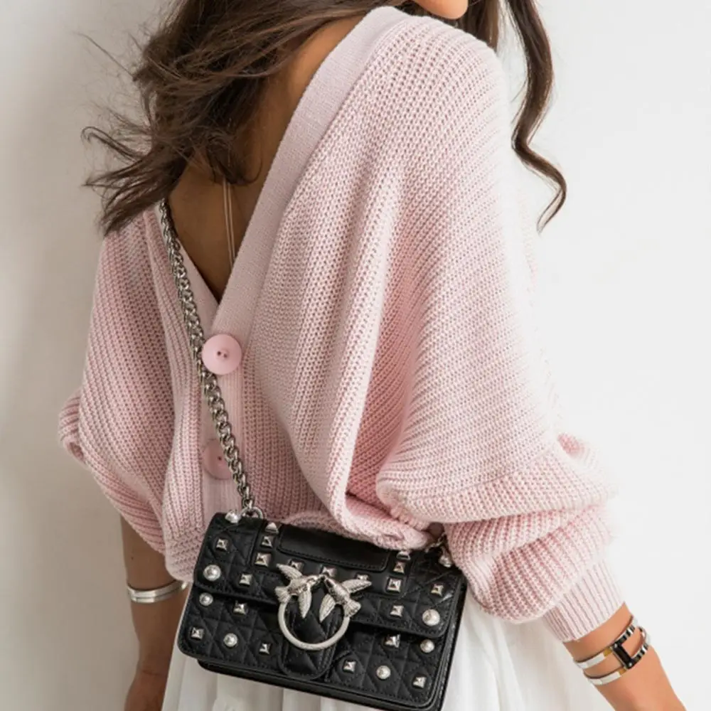 Женский трикотажный свитер с V-образным вырезом на пуговицах | Женская одежда