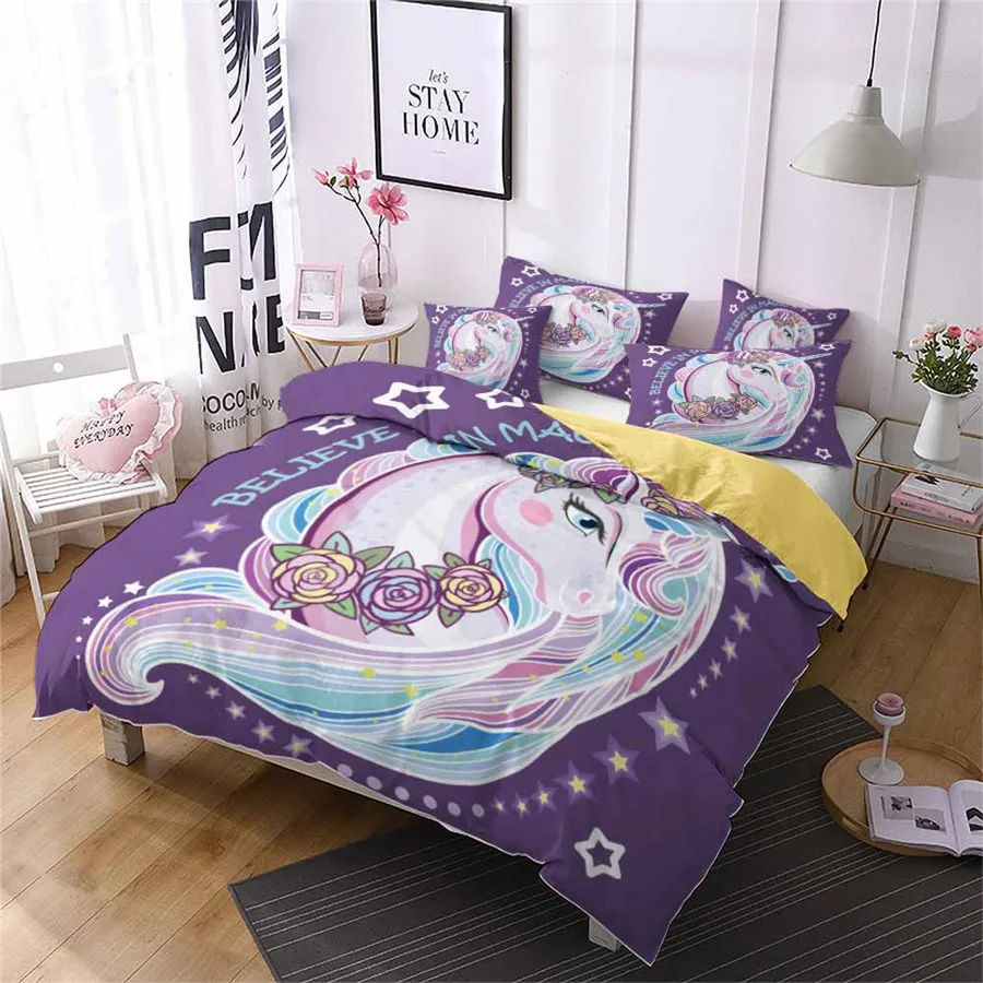 

HELENGILI 3D Bedding Set Cartoon unicorn Print Duvet Cover Set Bedcloth with Pillowcase Bed Set Home Textiles #YC-149