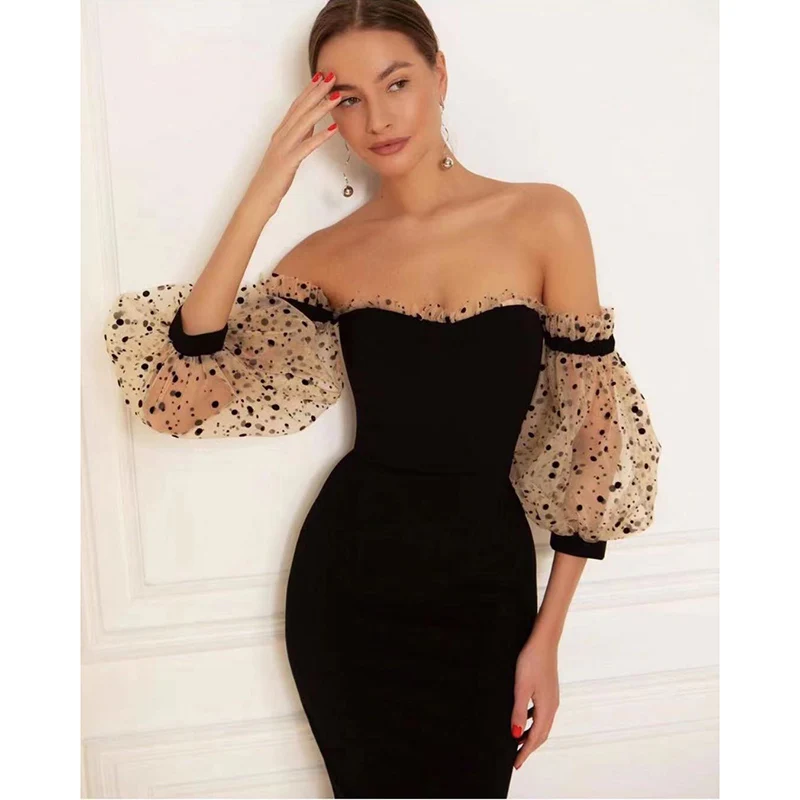 

Off Shoulder Black Polka Dot Print Mesh Sleeve Casual Bodycon Bandage Women Dress Harajuku Robe Sexy Party Vestidos Fiesta F2423