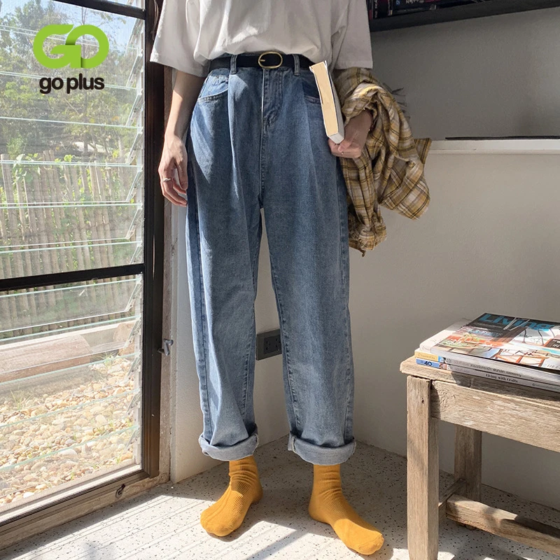 GOPLUS джинсы корейский стиль Для женщин Высокая Талия размера плюс мама бойфренды