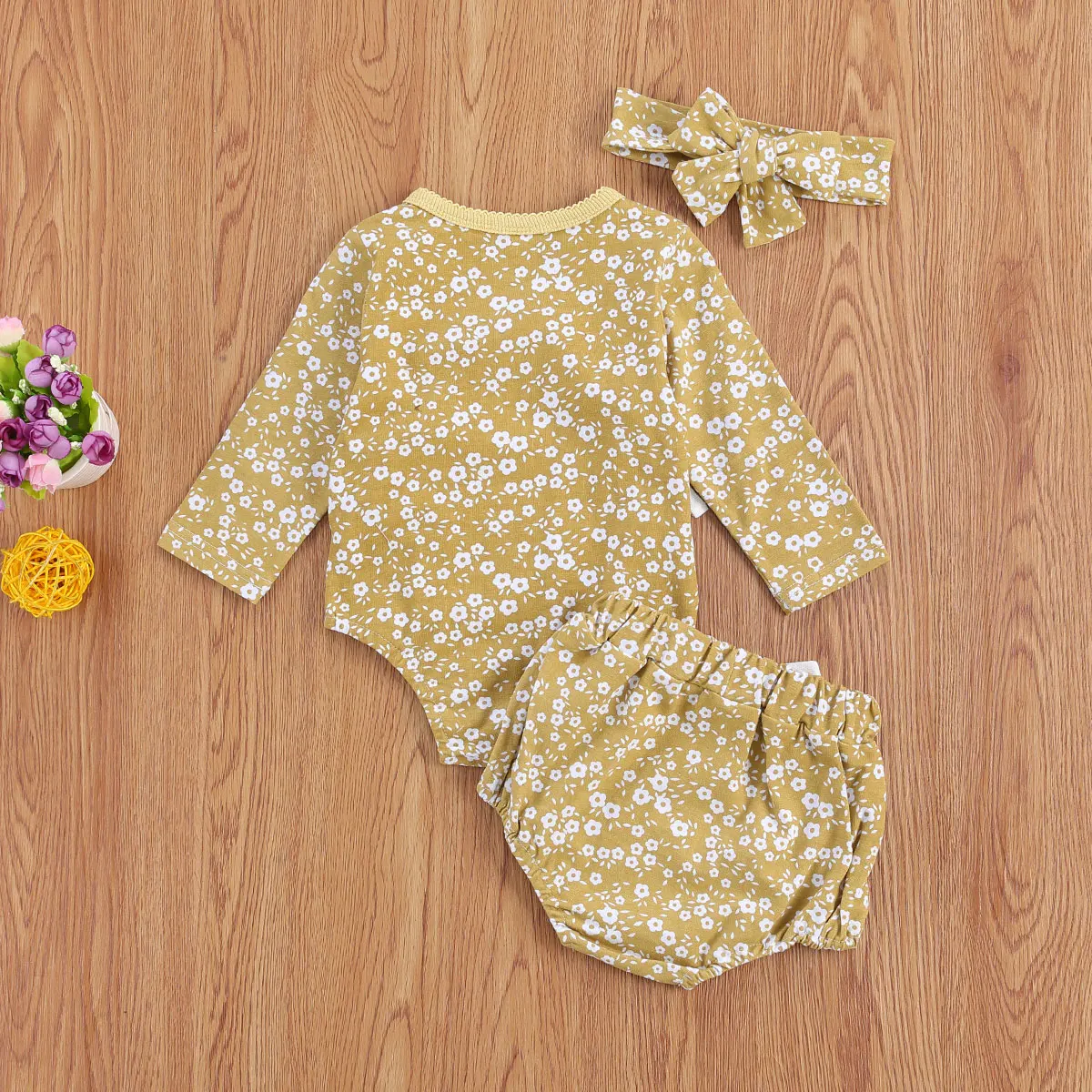 

Floral Cotton Baby Suit Girl's Head Band Long Sleeve Top Elastic Head Short for Summer and Spring