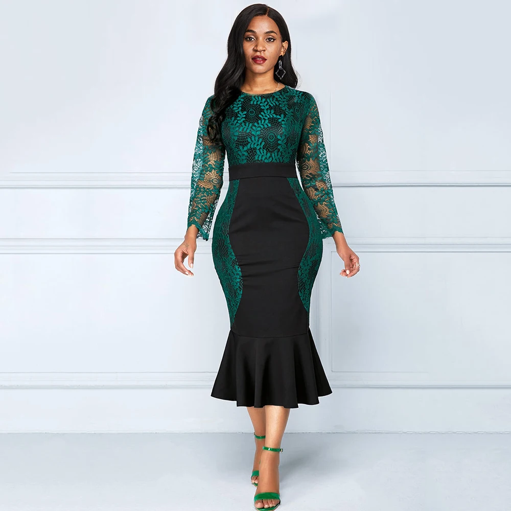 Женское зеленое элегантное платье русалки с длинным рукавом кружевное Макси