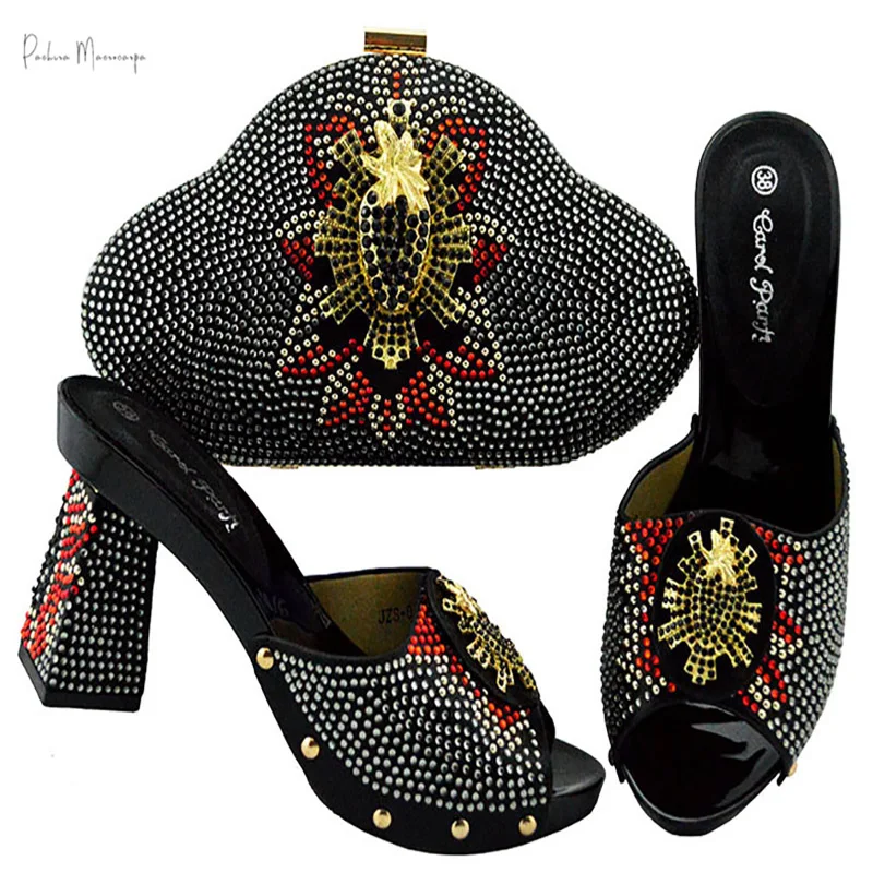 

New Arrival Italain Design 2021 Nigerian Fashion Style Ladies Shoes and Bag Set in Black Color for Party Wedding