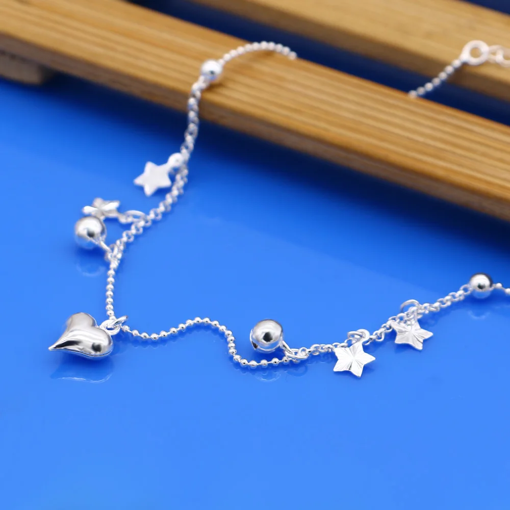 Цепочка на ногу из серебра с подвеской звездами и колокольчиками|anklets leather|bell
