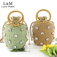2021 round rattan beach bag handmade rhinestone crystal straw bag small straw bucket bags lady travel purses and handbags x809h