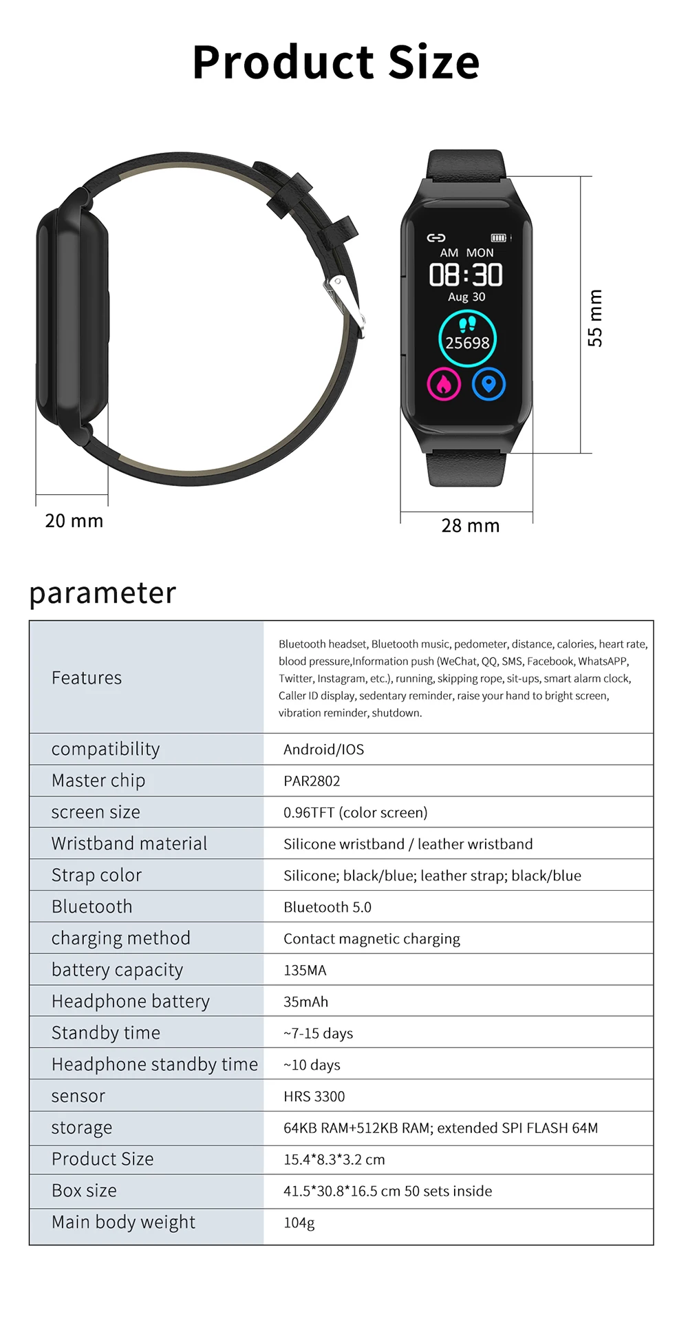

T89/L818 2-in-1 Smart Bracelet Fitness Tracker Sedentariness Heart Rate Blood Pressure Monitoring IP67 Waterproof Wristband