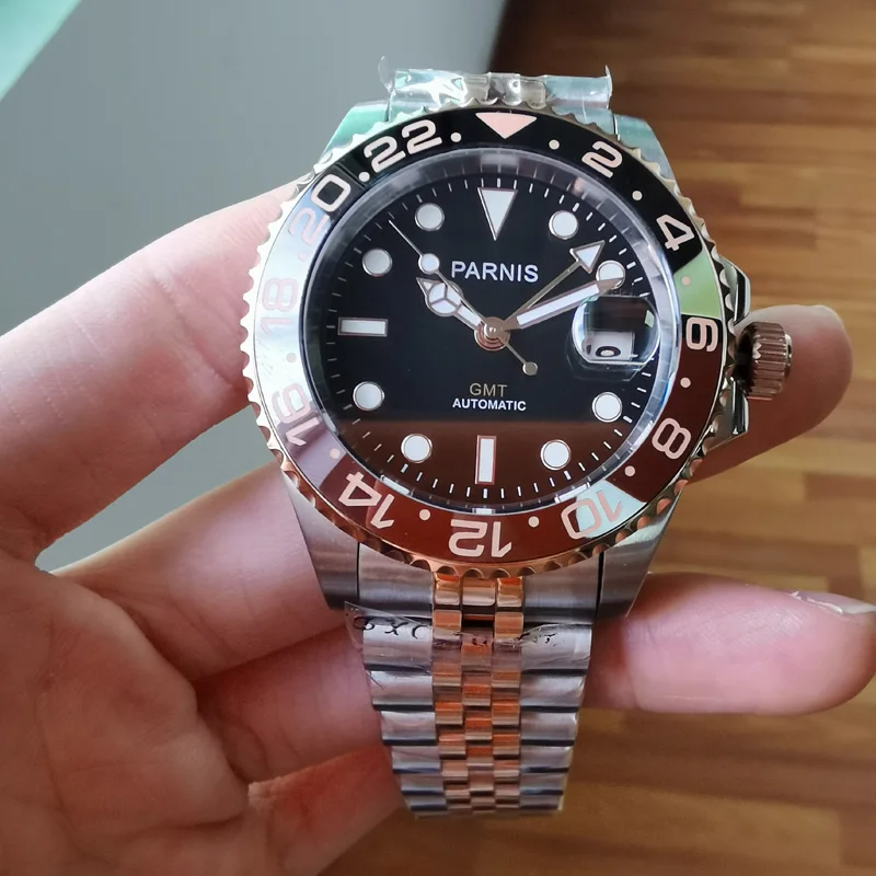 Мужские автоматические механические часы Parnis 40 мм GMT сапфировый Кристалл розовое