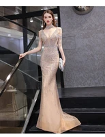 luxury mermaid evening dresses 2021 tulle sleeveles deep v neck heavy beaded dubai arabic style formal party gowns for women