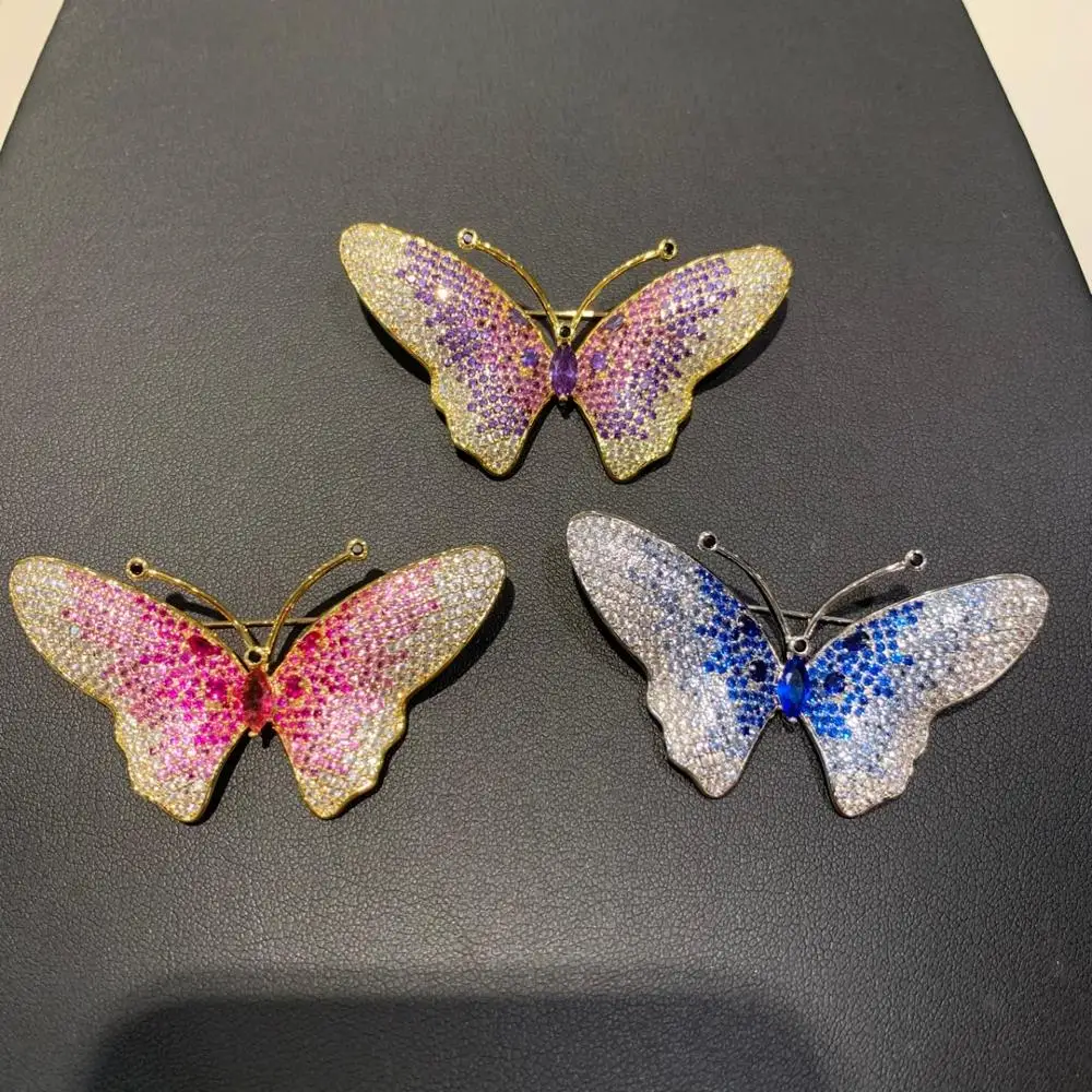 

copper with cubic zircon butterfly brooch gradient of color blue pink purple insect fashion jewelry for women free shipping