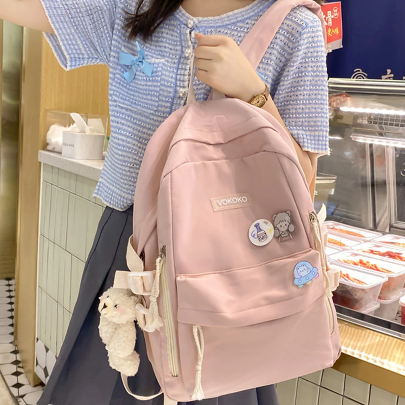 

Нейлоновый рюкзак EST для девочек-подростков, однотонный школьный портфель для книг, повседневный дорожный большой розовый ранец для коллед...