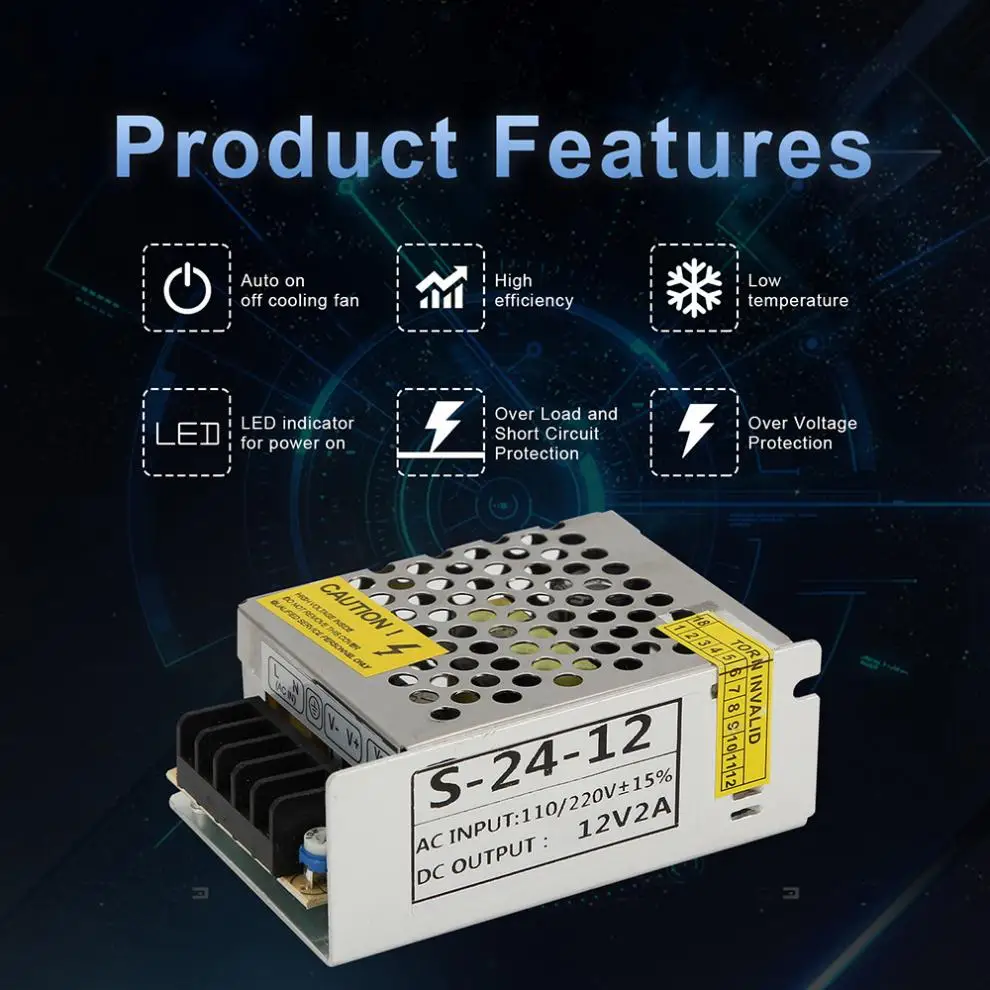 

DC 12V 2A 24W Aluminum Alloy Switch Power Supply Driver Adapter / Source Transformer for LED Strip Light Monitoring