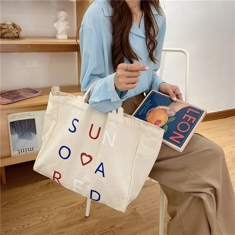 

Canvas Bag Large Capacity Ladies Shopping Bag Letter Casual Tote Handbag for Women Girls Student Book Travel Shoulder Bags Pouch