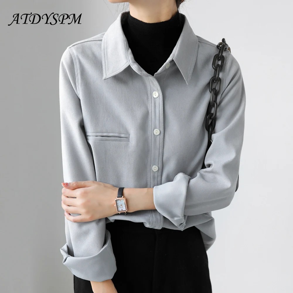 

Women Shirt Female Thick Blouse Korean Style Long Sleeves Turn-Down Collar Shirt Tops Casual Outwear Vintage Femme Blusas