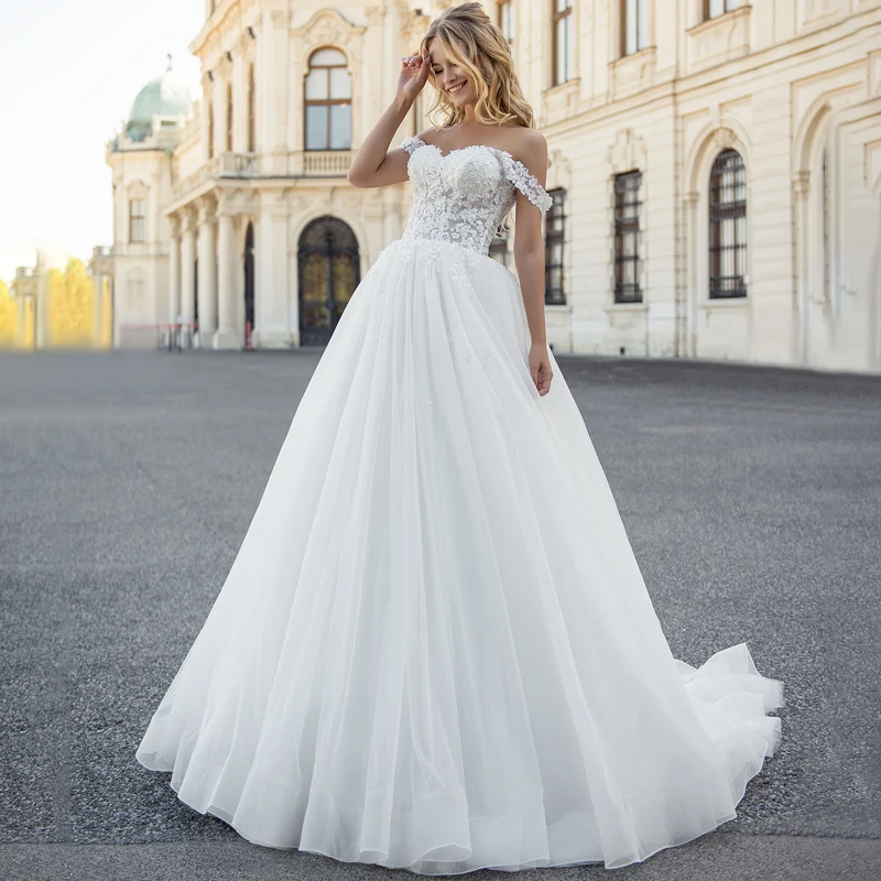

Sweetheart Off Shoulder Appliques Beads Lace Up A-Line Tulle Wedding Dress 2022 Bridal Gowns Vestido De Noiva