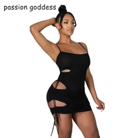 summer hollow out drawstring sexy bodycon mini dress for women camisole bandage slash neck backless clubwear party dress black