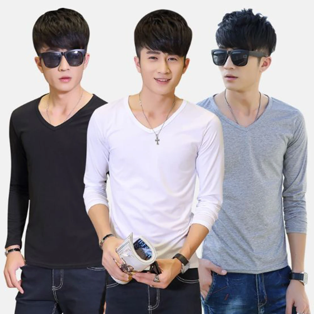 

Long Sleeve Men's T-Shirt Slim V-Neck Casual Solid Color Tee Bottoming Top Men T-shirts Mens Clothing Tops