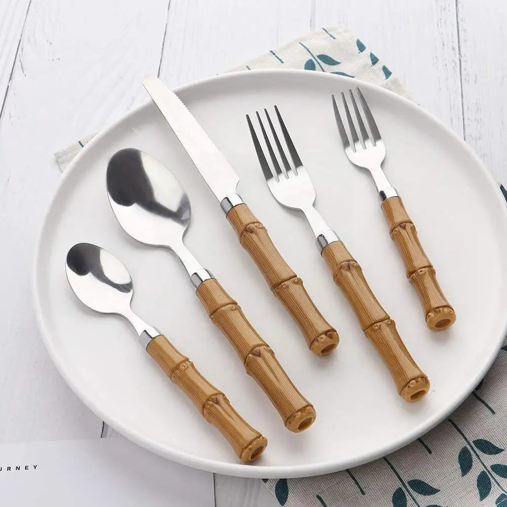 

New Tableware With Bamboo Handle With Steak Knives Flatware Knives Set Includes Cutlery Cutlery Steel Spoons Forks W5J0
