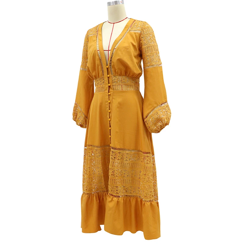 

Yellow Lace Single-Breasted Boho Vintage Sexy Deep V-neck Dresses for Women 2020 Autumn New Streetwear Long Sleeve Dress Vestido