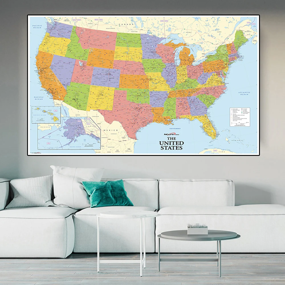 Pintura sobre lienzo no tejido con mapa de los Estados Unidos, póster artístico de pared ecológico, suministros educativos para decoración del hogar, 150x100cm