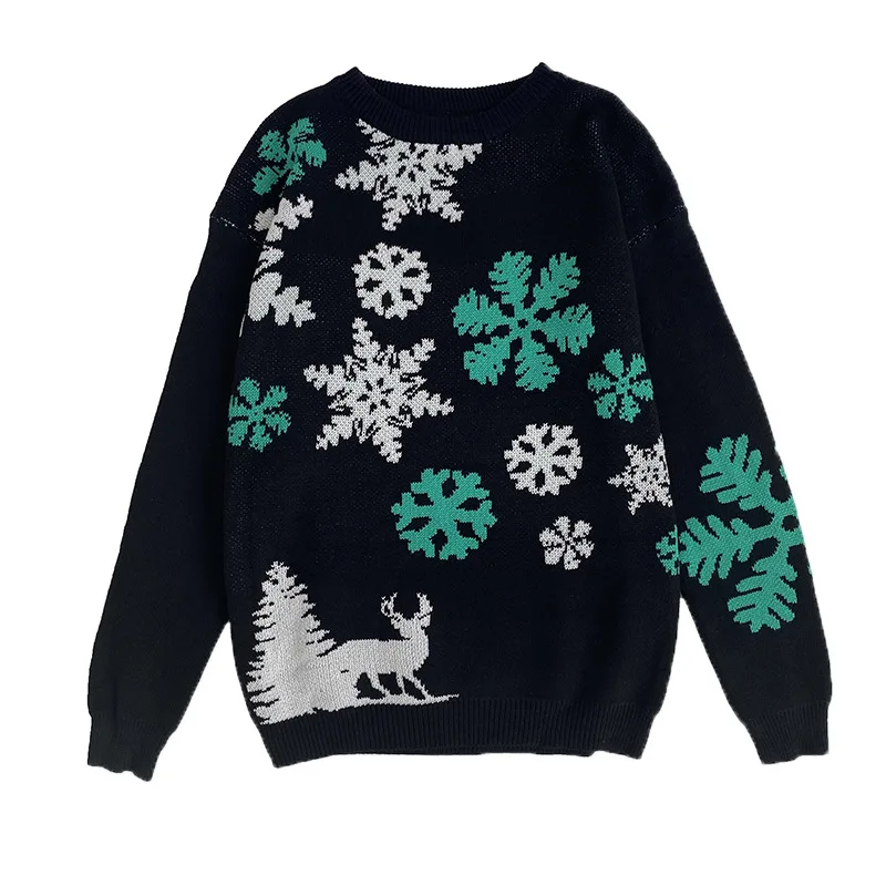 

Snowflake Printed Men Sweater Pullover Casual Wild Long-Sleeved Christmas Eve's Knit Warm Sweater Couples O-neck Bottoming Top