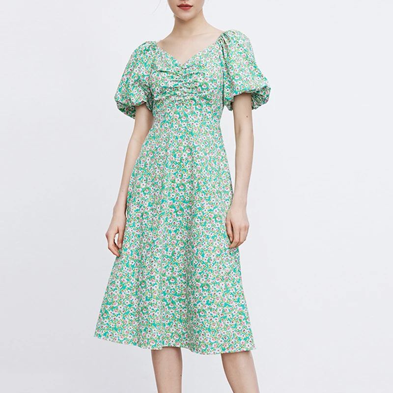 

Dress Women Summer 2021 vintage Floral Midi Dress Woman Elegant Puff Sleeve Ruched Robe Chic Women Clothing Casual Dresse