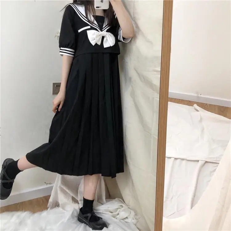 

Japanese Harajuku College Summer Dress Sweet Sailor Collar Cute Bow Dress Preppy Style Loose Pleated Vintage Woman Black Dresses