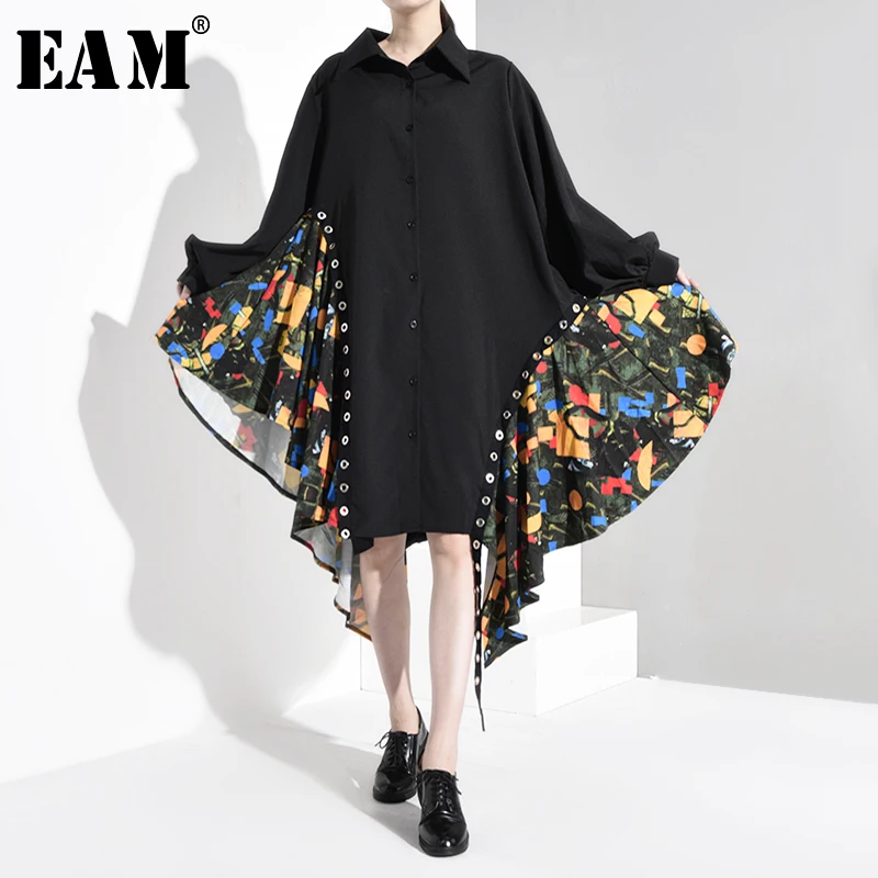 [EAM] Women Black Print Asymmetrical Big Size Shirt Dress New Lapel Long Sleeve Loose Fit Fashion Spring Autumn 1B060