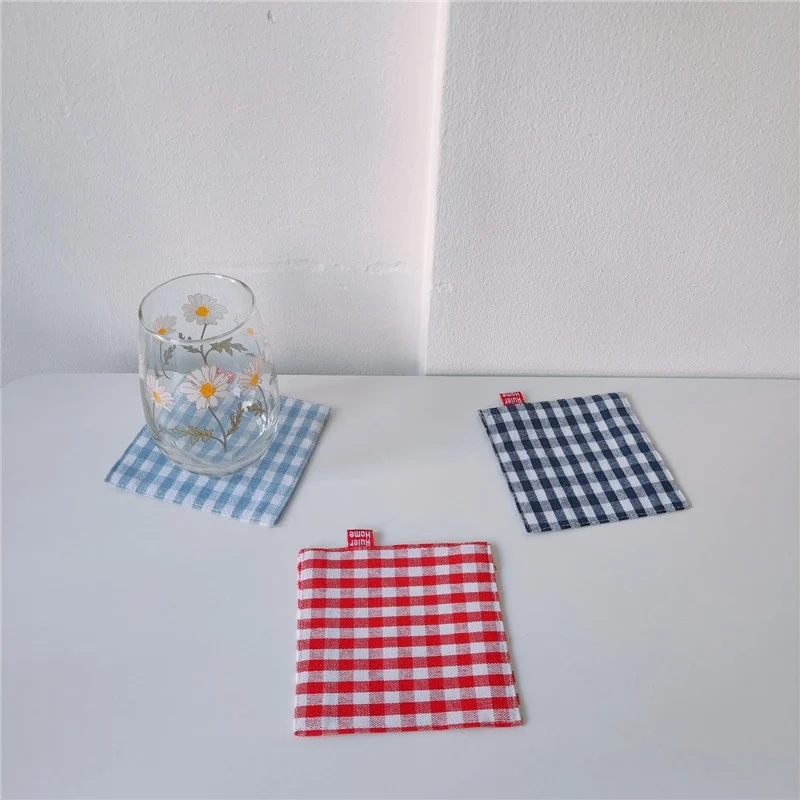 

New Kitchen Cup Mat Japanese Style Coaster Double Layer Fabric Plaid Cloth Table Decoration Accessories Tableware Pad