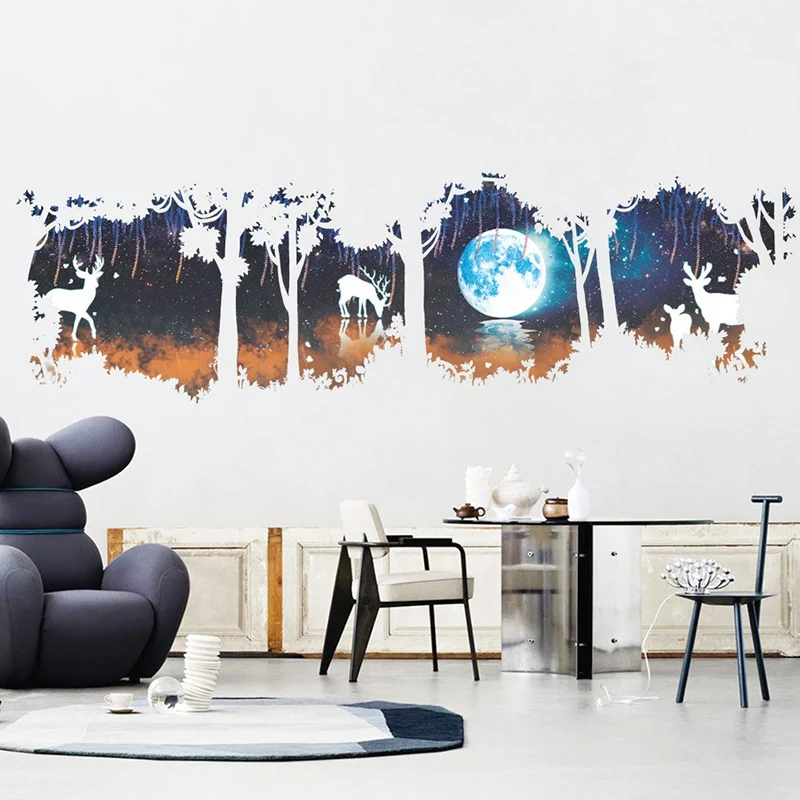 

Huge Tree Forest Deer Elk Moon Lake Wall Stickers Modern Decorations for Living Room Bedroom Decor Home Decor Poster