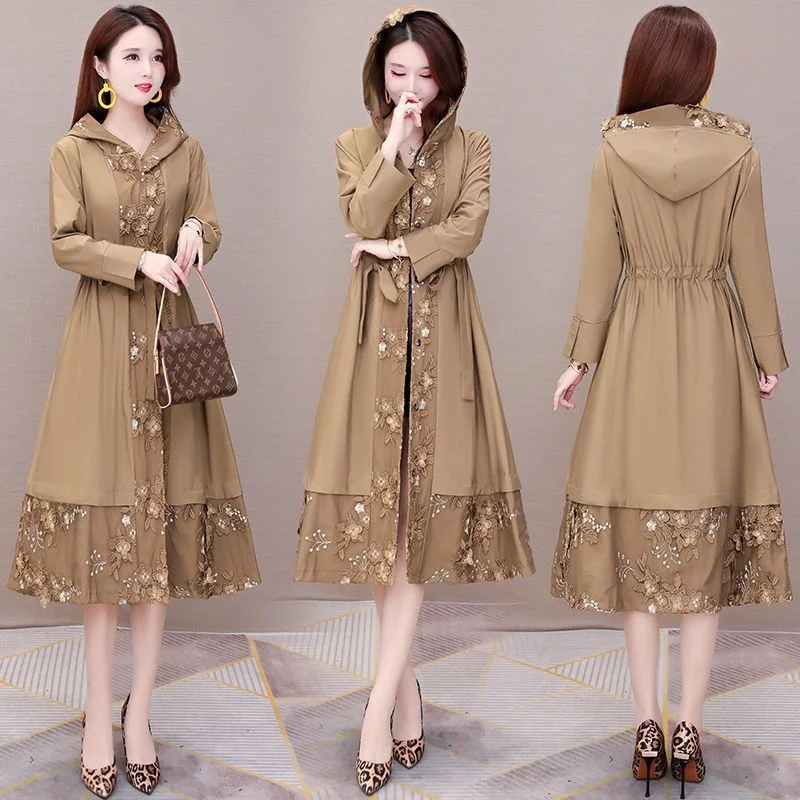 Женская ветровка с капюшоном и кружевом винтажная Длинная вышивкой 2021 - купить по