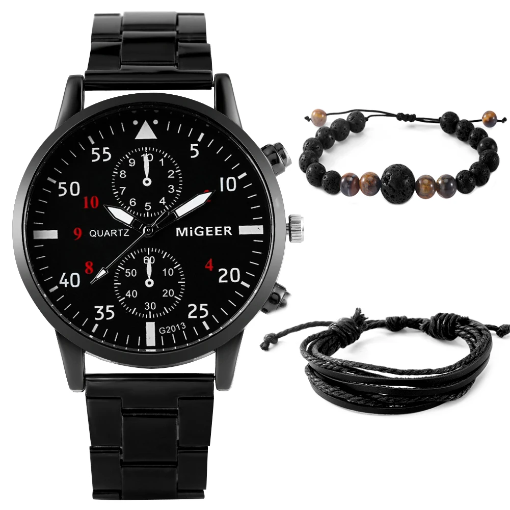 

Men's Business Fashion Watch Bracelet Set Black Quartz Digital Dial Stainless Steel Strap Man Hand Chains Birthday Gift for Son