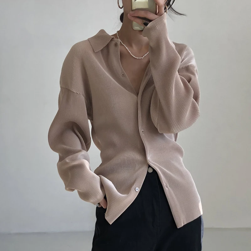 

GALCAUR Casual Shirt For Women Lapel Collar Long Sleeve Single Breasted Solid Blouses Females Summer Clothing 2021 Fashion Style