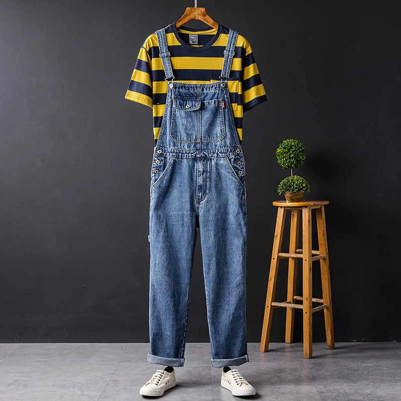 Man Jeans Bib Overalls Loose Straight Plus Size Streetwear Hip Hop Denim Jumpsuits Trousers Blue Leisure Wide Leg Cargo Pants