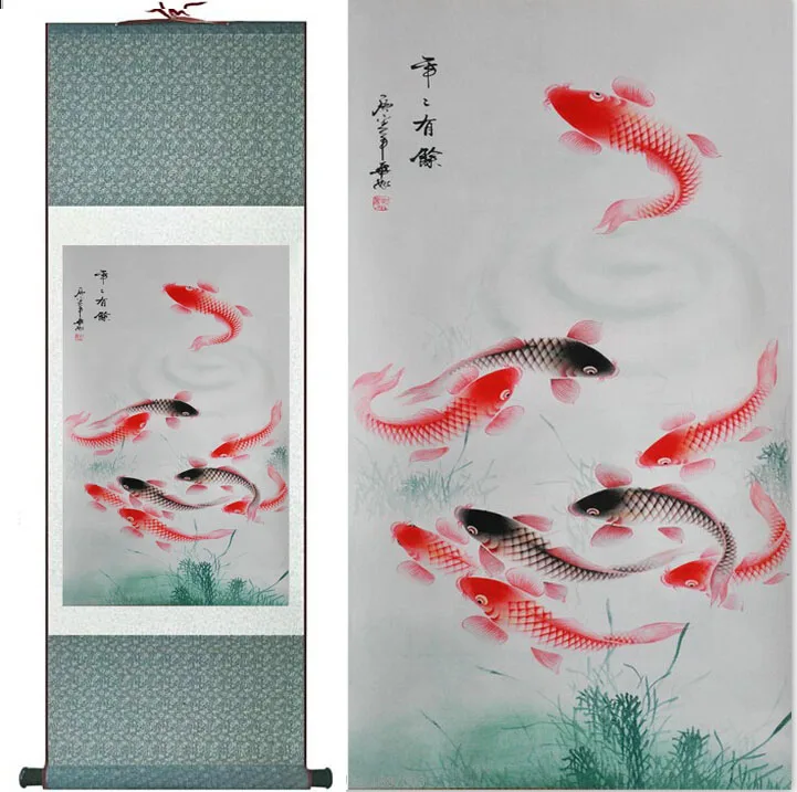 Шелковая картина с рыбой живопись традиционное искусство китайская девять рыбок