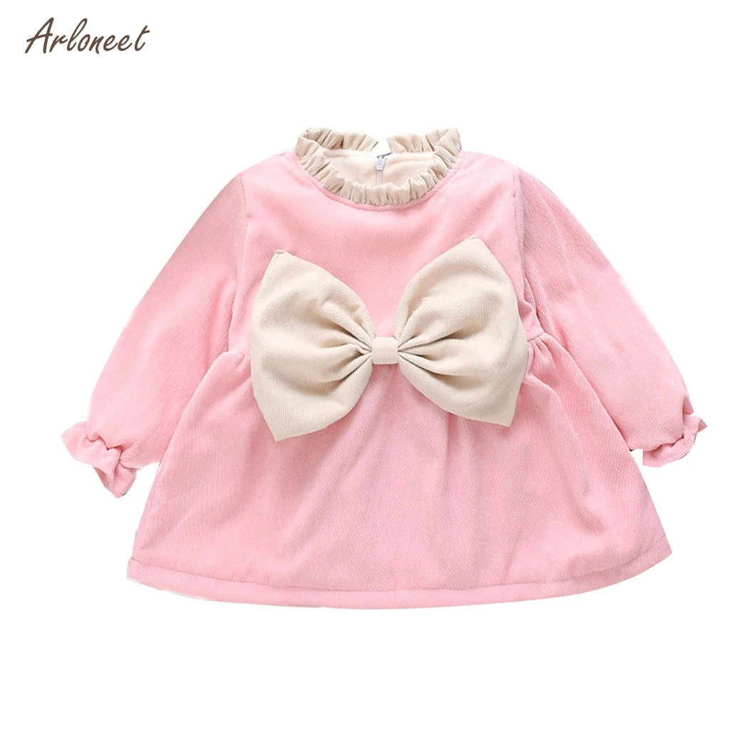 ARLONEET toddler girl dresses party and wedding Long Sleeve Thick Solid Warm Bowknot Party Princess Dress girls clothes vestidos | Детская
