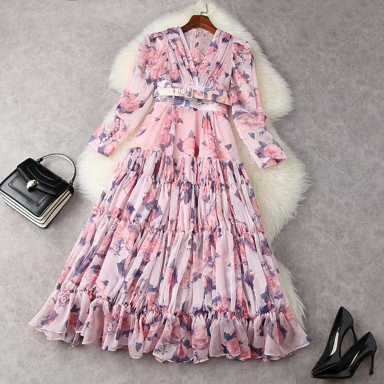 European and American women's clothing spring 2021 new  Long-sleeved v-neck  Floral print belt  Fashion pleated dress