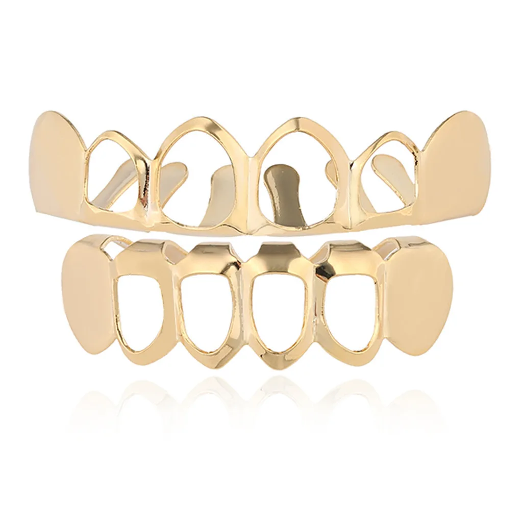 

Grillz For Men 18K Pure Gold Color Plated Top & Bottom Teeth 4 Open Hip Hop Grills Hollow set Grillz Dental Grills Body Jewelry