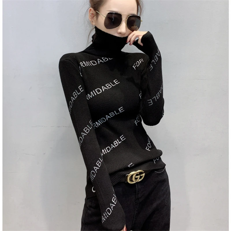 

2021 Autumn Winter Fashion New High-Neck Women Long-Sleeved Slim Slimming Letters Knitted Sweater Base Tide H075